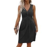 GRMLRPT Vestido sin Mangas Mujer Escote en V Liso Vestido Elegante Casual Verano Algodón Elástico Vestido para Oficina Playa Fiesta(Negro-2,S)