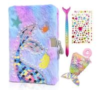 GROFIS Juego de 4 Sirena Diario Secreto Niña, Libreta de Peluche con Candado, 160pp Doble-cara Cuaderno A5 Rayado, Notebook con Monedero de Lentejuelas, Bolígrafo, Pegatina, Regalo per Niña 6~14 Años