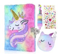 GROFIS Juego de 4 Unicornio Diario Secreto Niña, Libreta de Peluche con Candado, 160pp Doble-Cara Cuaderno A5 Rayado, Notebook con Unicornio Monedero, Bolígrafo, Pegatina, Regalo per Niña 6~14 Años