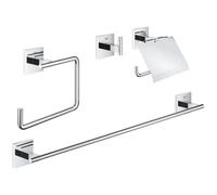 Grohe Start Cube QuickFix - Set de accesorios 4-en-1, Portarollos con tapa, colgador individual, toallero de argolla y barra para toallas, cromo, para pegar (pegamento QuickGlue A1) o atornillar