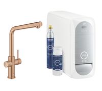 Grohe Blue Home L-spout Starter Kit Mezclador monomando de fregadero con función de filtro, con refrigerador y WIFI, 31454DL1, Color: cálido atardecer cepillado