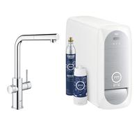 Grohe Blue Home Boquilla en forma de L Kit de inicio 31539 Mezclador monomando de fregadero con función de filtro, con enfriador y WIFI, boquilla para mousseur, color: cromado
