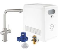 GROHE Blue Professional Duo - Grifo de cocina para agua filtrada, fría y con gas, caño en L con cabezal extraíble, acabado SuperSteel, incluye refrigerador, 31326DC2