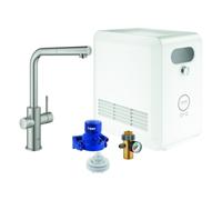 Set mezclador monomando de fregadero Grohe Blue Professional, 223 mm de alcance, caños en forma de L, con filtro y función de refrigeración, extraíble, 31326DC2, Color: súper acero