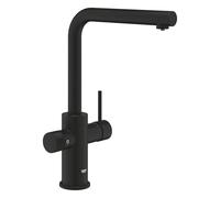GROHE Blue Pure Minta - Grifo de 3 vías para filtro con caño extraíble (en L, giro 360°, mando de filtrado, cartucho cerámico 28 mm, latiguillos 3/8", requiere set de filtrado), Negro Mate, 30590KF0