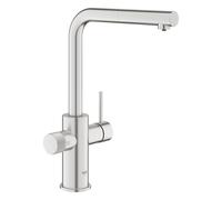 GROHE Blue Pure Minta - Grifo de 3 vías para filtro con caño extraíble (en L, giro 360°, mando de filtrado, cartucho cerámico 28 mm, latiguillos 3/8", requiere set de filtrado), Supersteel, 30590DC0