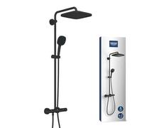 GROHE Columna de ducha Vitalio Start System 250 con mezclador termostático, rociador redondo 25cm 1 chorro, teleducha redonda 11cm 2 chorros, flexo 1,75m, ahorro de agua, negro mate, 266782431