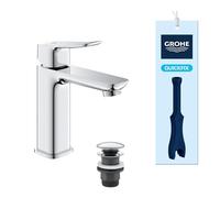 GROHE Dice - Grifo de lavabo de cuerpo liso con desagüe Push-Open, Talla M, cartucho cerámico 28 mm, bajo caudal para ahorro de agua, latiguillos 3/8", QuickTool, Cromado, 1018350000