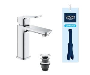 GROHE Dice - Grifo de lavabo de cuerpo liso con desagüe Push-Open, Talla M, cartucho cerámico 28 mm, bajo caudal para ahorro de agua, latiguillos 3/8", QuickTool, Cromado, 1018350000