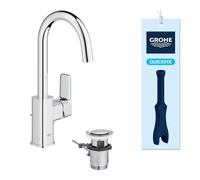 GROHE Dice - Grifo lavabo con desagüe Pop-Up, Talla L, caño en C giratorio 90°, cartucho cerámico 28mm nergética y ahorro agua, latiguillos 3/8", QuickTool, Cromado, 1018710000