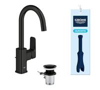 GROHE Dice - Grifo lavabo con desagüe Pop-Up, Talla L, caño en C giratorio 90°, cartucho cerámico 28mm nergética y ahorro agua, latiguillos 3/8", QuickTool, Negro Mate, 1018712430
