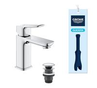 GROHE Dice - Grifo lavabo cuerpo liso con desagüe Push-Open, Talla S, cartucho cerámico 28mm nergética y bajo caudal para ahorro extra, latiguillos 3/8", QuickTool, Cromado, 1018600000