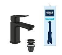 GROHE Dice - Grifo lavabo cuerpo liso, desagüe Push-Open, Talla S, cartucho cerámico 28mm nergética y bajo caudal ahorro extra, latiguillos 3/8", QuickTool, Negro Mate, 1018602430