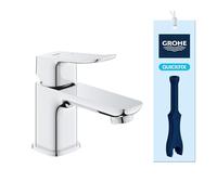 GROHE Dice - Grifo mezclador de lavabo de cuerpo liso (Talla XS, cartucho cerámico de 28 mm, ahorro de agua, latiguillos de 3/8", herramienta QuickTool incluida), Cromado, 1018550000