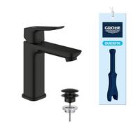 GROHE Dice Mezclador de Lavabo M con Desagüe Push-Open (Cartucho Cerámico 28 mm, Ahorro de Agua y Energía, Conexiones 3/8", Fácil de Instalar QuickTool Incluido), Negro Mate, 1018362430