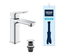 GROHE Dice Mezclador Monomando de Lavabo M con Desagüe Push-Open (Cartucho Cerámico 28 mm, Ahorro de Agua, Conexiones 3/8", Fácil de Instalar QuickTool Incluido), Cromado, 1018330000