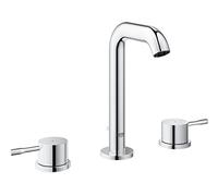 GROHE Essence - Grifería de lavabo alta, ahorro de agua (3 orificios para el baño, con vaciador automático de varilla, 19 cm de altura, grifería con 2 llaves, aireador ajustable), cromo, 20296001