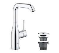 GROHE Essence - Grifo de lavabo ahorrador de agua (Grifería de baño de 24 cm de altura, con vaciador automático Pop-Up, caño giratorio, instalación fácil en el lavabo), cromo, 23799001