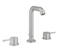 GROHE Essence, Grifo mezclador de lavabo de 3 orificios con vaciador automático, montaje en encimera, tamaño M 193 mm, palanca de metal de doble manija, disco cerámico de 90°, Supersteel, 20296DC1