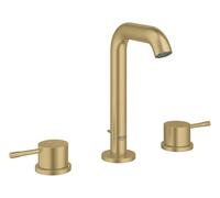 GROHE Essence, Grifo mezclador de lavabo de 3 orificios con vaciador automático (montaje en encimera, tamaño M 193 mm, palanca de metal de doble manija, disco cerámico de 90°, Cool Sunrise, 20296GN1