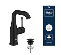GROHE Essence - Grifo Monomando de Lavabo de Cuerpo Liso con Vaciado Push-Open (Tamaño M, Cartucho Cerámico 28 mm, Ahorro de Agua, Caño Giratorio, Flexibles 3/8", 1 Bar), Negro Mate, 237982431