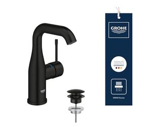 GROHE Essence - Grifo Monomando de Lavabo de Cuerpo Liso con Vaciado Push-Open (Tamaño M, Cartucho Cerámico 28 mm, Ahorro de Agua, Caño Giratorio, Flexibles 3/8", 1 Bar), Negro Mate, 237982431
