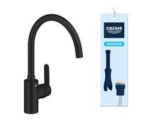 GROHE Get - 1 Lever Kitchen Mixer Tap (High C-Spout Size 353mm, Selectable Swivel Range, Ceramic Cartridge 35mm, Tails 3/8 Inch, Easy to Install with QuickMount), Matt Black, 314942431
