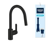 GROHE Get - Grifo Cocina con Caño Extraíble (2 Chorros, Caño Alto 381mm, Giro 360°, Cartucho 35mm, Acoplamiento Suave, Conexión 3/8", QuickMount), Negro Mate, 314842431