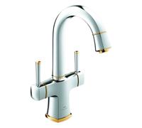 Grohe Grandera mezclador bimando para lavabo, tamaño L, proyección 156mm, desagüe automático, orientable, 20666IG0, Color: Cromo / Oro