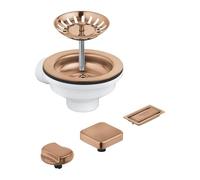 GROHE Juego de residuos emergentes para fregadero de cocina de un solo tazón (con 2 pomos de control remoto: redondos y cuadrados, cubierta de desbordamiento y colador de cesta), oro rosa cepillado