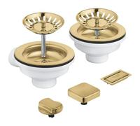 GROHE Juego de residuos para fregadero de cocina de dos cuencos (1 desagüe desplegable con 2 pomos de control remoto: cuadrado y redondo, 1 desagüe manual, cubierta de desbordamiento y 2 coladores de