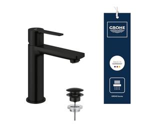 GROHE Lineare - Grifo Monomando de Lavabo de Cuerpo Liso con Vaciado Push-Open (Caño Alto, Cartucho Cerámico 28 mm, Ahorro de Agua, Flexibles 3/8"), Tamaño 18 cm, Negro Mate, 231062431