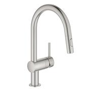 Mezclador monomando de fregadero Grohe Minta, 223 mm de alcance, caño en C, extraíble, fácil acoplamiento, orientable, doble rociador de aclarado, 32321DC2, Color: súper acero
