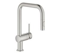 Mezclador monomando de fregadero Grohe Minta, 225 mm de alcance, caños en U, extraíble, Easy Docking, rociador doble, orientable, 32322DC2, Color: súper acero