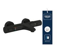 GROHE Precision Feel - Grifo termostático de baño visto CoolTouch (inversor, mandos moleteados, botón seguridad 38°C, EcoButton, escudo metálico), negro mate, 347882430