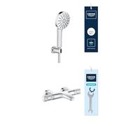 GROHE Precision Feel: Termostato Bañera y Ducha + Set Alcachofa Vitalio Joy+ 120 con Soporte Pared. Cuerpo frío, tope 38°C, 3 chorros y manguera 1,5m. Cromo (34788000 + 1348650000)