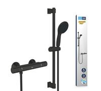 Grohe Precision Start Conjunto de ducha termostático 1/2" (teleducha redonda con 1 chorro, flexo de 1,75 m y barra de ducha de 60 cm, ahorro de agua, función de seguridad) Negro Mate, 345972431