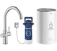 Grohe Red Duo - Grifo de cocina (caño en C) con sistema de filtro y calentador tamaño M, agua hirviendo al instante (30083DC1) Supersteel