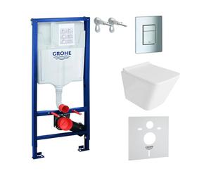 GROHE Solido + pared colgante Lago blanco sin borde + asiento de inodoro con descenso automático, botón cromado, juego completo de cisterna, inodoro completo