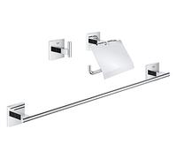 GROHE Start Cube QuickFix - Set de accesorios 3-en-1, Portarollos con tapa, colgador individual y barra para toallas, cromo, para pegar (pegamento QuickGlue A1) o atornillar, ref. 41124000