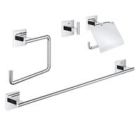 Grohe Start Cube QuickFix - Set de accesorios 4-en-1, Portarollos con tapa, colgador individual, toallero de argolla y barra para toallas, cromo, para pegar (pegamento QuickGlue A1) o atornillar