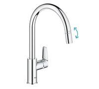GROHE Start Edge QuickFix - 1 grifo mezclador de palanca con función extraíble (pico alto en C, superficie giratoria de 360°, cartucho de cerámica de 28 mm, colas de 1/2 pulgada, alta presión), tamaño