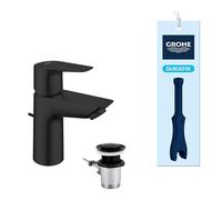 GROHE Start Edge QuickFix - Grifo de lavabo con desagüe Pop-Up, Talla S, cartucho cerámico 28mm, ahorro de agua, latiguillos 3/8", QuickTool incluida, Negro Mate, 233422431