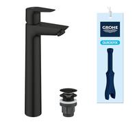 GROHE Start Edge QuickFix - Grifo lavabo alto con desagüe Push-Open para lavabos exentos, Talla XL, cartucho cerámico 28mm, ahorro agua, latiguillos 3/8", herramienta, Negro Mate, 237772431