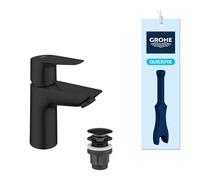 GROHE Start Edge QuickFix - Smooth Body Basin Mixer Tap with Push-Open Waste Set (S-Size, 28 mm Ceramic Cartridge, Energy- & Water Saving, Tails 3/8 Inch, QuickTool Included), Matt Black, 239002431