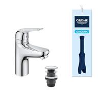 GROHE Swift - Grifo de baño con protección antiquemaduras para niños (ahorro de agua, ~16 cm de alto, incl. herramienta de montaje, desagüe push-open), cromado, 24319001