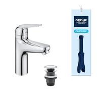 GROHE Swift - Grifo de baño con protección antiquemaduras para niños (ahorro de agua, 18 cm de alto, incl. herramienta de montaje, desagüe push-open), cromado, 24327001