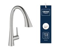 Mezclador monomando de fregadero Grohe Zedra, 231 mm de alcance, 3 modos de rociado, MagneticDocking, extraíble, orientable, 32294DC2, Color: súper acero