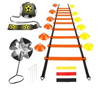 GROOFOO Accesorios de entrenamiento de fútbol - Escalera de agilidad de 6 m, 12 conos naranja/amarillo, 4 clavos de tierra, 3 bandas de resistencia (diferentes valores), paracaídas de velocidad y