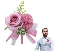 Groom and Best Man Boutonnieres - Flores artificiales para boda, boutonniere hechas a mano Corsage corredor de simulación de pasillo rosa con artificial para ceremonia de boda